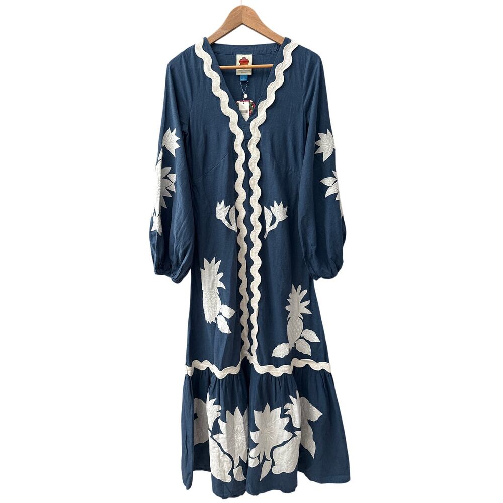 Farm Rio Flounce Blue & White Embroidered Linen-Blend Maxi Dress Pockets Size XS - Picture 11 of 14